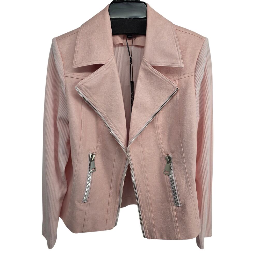 Charlie B NEW Pink Faux Leather Ribbed Knit Jacket Open Front Size XL
